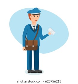 Male modern professions concept. The postman in branded clothes with briefcase on shoulder and letter in hands, carries parcels and letters. Modern vector illustration isolated in cartoon style.