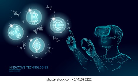 Male modern trader manage blockchain system. Virtual reality assistance administration data operation. 3D VR headset augmented reality glasses finance online digital banner vector illustration