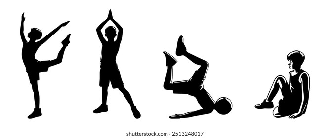 Male Monochrome Silhouettes Of Various Yoga Poses. Male Yoga silhouettes vector. Male meditation silhouette.