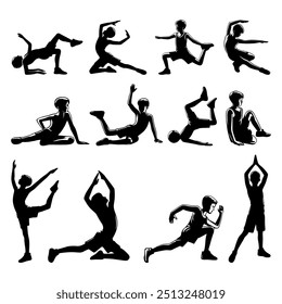 Male Monochrome Silhouettes Of Various Yoga Poses. Male Yoga silhouettes vector. Meditation silhouette. Set of vector silhouettes of male doing yoga stretching.