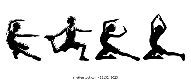 Male Monochrome Silhouettes Of Various Yoga Poses. Male Yoga silhouettes vector. 