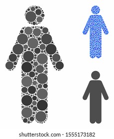 Male mosaic of filled circles in variable sizes and color tints, based on male icon. Vector random circles are grouped into blue mosaic. Dotted male icon in usual and blue versions.