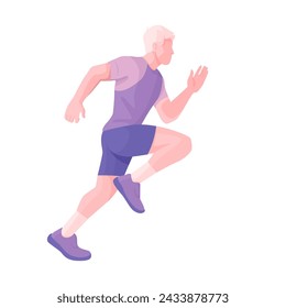 Male in motion, running in sportswear. White blond man is doing a cardio workout. Full length vector illustration of a young person in sportswear jogging isolated on white background