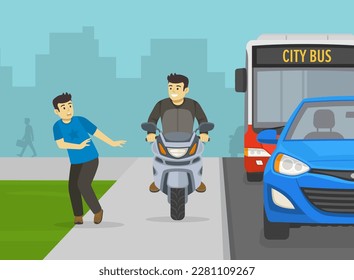 Male motorcyclist rides on the sidewalk to avoid a traffic jam. Pedestrian about to be hit by moto rider. Front view of a traffic flow. Flat vector illustration template. - Shutterstock ID 2281109267