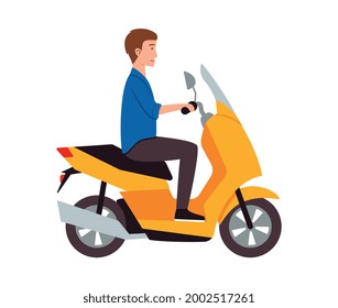 Male motorcyclist riding on yellow motorbike. Young man using motorcycle transport for travel and trip. Flat cartoon vector illustration isolated on white.