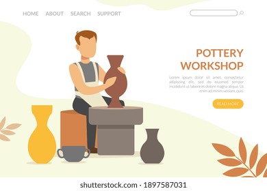 Male Moulding or Modelling Pottery from Clay as Pottery Workshop Landing Page Vector Template