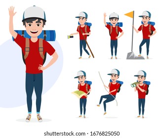 Male Mountain Climber Vector Character Set. Hiker Man Character In Different Summer Hiking Activities Like Rope Climbing, Telescoping, Walking And Waving Isolated In White Background.