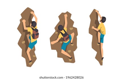 Male Mountaineer Climbing Mountain Set, Climber in Protective Helmet with Backpack Reaching Peak Vector Illustration