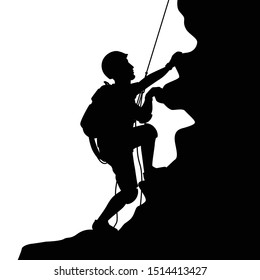 A male Mountaineer with safety equipment silhouette vector, people and activity concept.