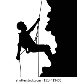 A male Mountaineer with safety equipment silhouette vector, people and activity concept.