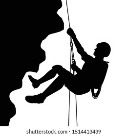 A male Mountaineer with safety equipment silhouette vector, people and activity concept.