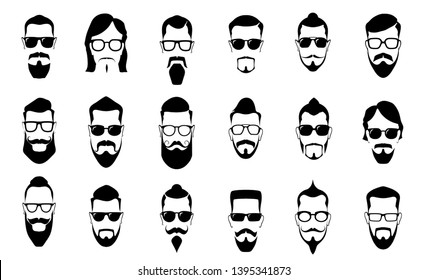 Male moustache, beard and haircut. Vintage moustaches silhouettes, man hairstyle and guy face portrait vector silhouette icons set