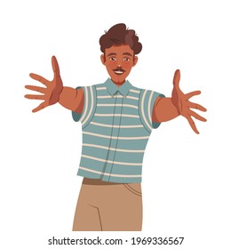 Male with Moustache Outstretching His Arms Ahead Showing Positive Hand Gesture Feeling Excitement Vector Illustration