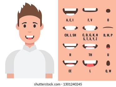 Male mouth animation. Phoneme mouth chart. Alphabet pronunciation. Vector illustration.