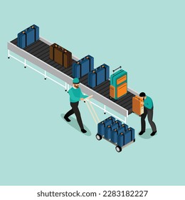 Male Mover, Airport Conveyor Belt isometric 3d vector illustration concept banner, website, landing page, ads, flyer template