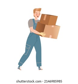 Male mover in overalls carrying cardboard boxes cartoon vector illustration