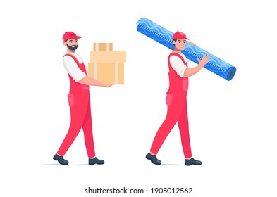 Male movers isolated on white background. A man with boxes and a carpet on his shoulders. Concept for moving companies. Vector stock illustration with delivery man, courier or loader.