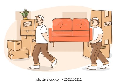 Male movers in uniform carry a sofa during the move to a new house