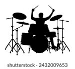 Male musician drummer vector silhouette. Young man with drumsticks playing drums silhouette.	