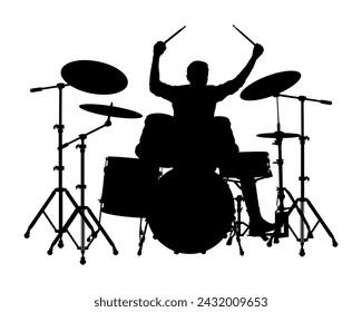 Male musician drummer vector silhouette. Young man with drumsticks playing drums silhouette.	