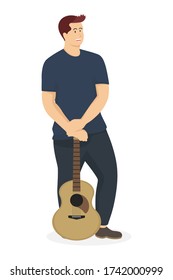 Male musician with guitar in modern flat style, simple entertain people concept on white background for your design work, presentation, website or others.