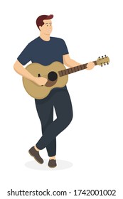 Male musician with guitar in modern flat style, simple entertain people concept on white background for your design work, presentation, website or others.