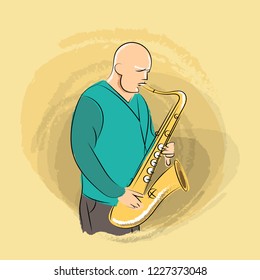 A male musician holds a saxophone in his hands and plays music. Sketch. Vector illustration