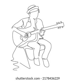 a male musician is playing acoustic guitar. continuous simple Line drawing. Vector illustration for musical and entertainment concept