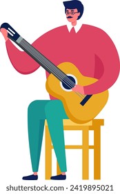 Male musician playing acoustic guitar sitting on stool. Cartoon guitarist holding instrument and performing. Musician concept and creative hobbies vector illustration.