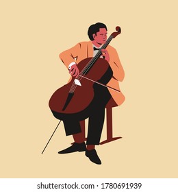 Músico masculino tocando violonchelo. Ilustración vectorial plana de un hombre actuando solo en el escenario tocando una melodía en un violoncelo. Música profesional con violoncello de estilo retro