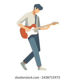 The male musician is playing an electric guitar on stage, Guitar solo techniques,Vector illustration For posters, festivals,contests,music event or guitar playing