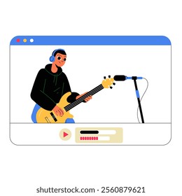 Male Musician Playing Electric Guitar In Flat Vector Illustration Symbolizing Music, Creativity, And Online Performance, Isolated On White Background