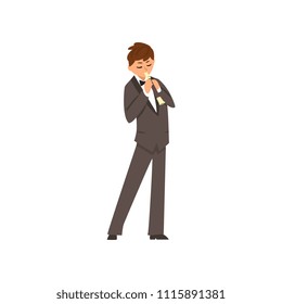 Male musician playing flute, flutist man wearing black elegant suit playing classical music vector Illustration on a white background