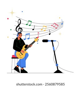 Male Musician Playing Guitar In Flat Vector Illustration Symbolizing Music, Creativity, And Passion, Isolated On White Background.