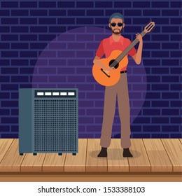 A male musician playing guitar in the stage with sound amplifier, colorful design. vector illustration