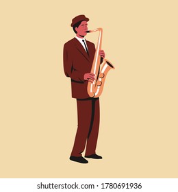 Male musician playing saxophone. Flat vector illustration of a man performing solo on stage playing a melody on a saxophone. Professional musician with a saxophone dressed in retro style