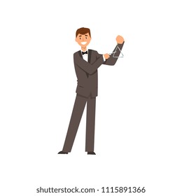 Male musician playing triangle musical instrument vector Illustration on a white background