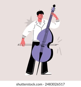 Male musician plays cello. Performer on stage. Music festival or open air concert. Jazz band show. Musician vector illustration isolated on beige.