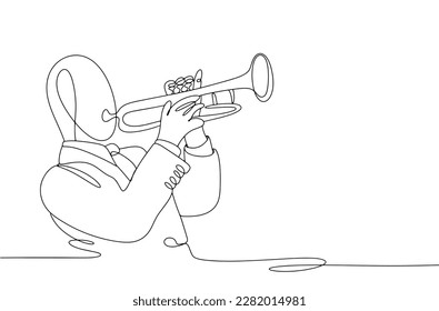 Un músico masculino toca música jazz en la trompeta. Dibujo de una línea. Día Internacional del Jazz. Para diferentes usos. Ilustración del vector