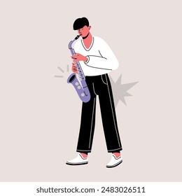Male musician plays saxophone. Performer on stage. Music festival or open air concert. Jazz band show. Musician vector illustration isolated on beige.