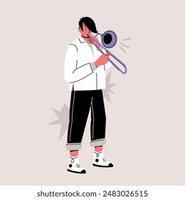 Male musician plays trombone. Performer on stage. Music festival or open air concert. Jazz band show. Musician vector illustration isolated on beige.