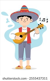 Male musician in sombrero playing guitar with musical notes, vector illustration.