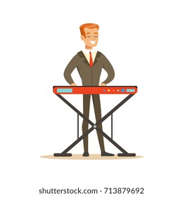 Male musician wearing a classic suit playing keyboard vector Illustration