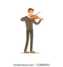 Male musician wearing a classic suit playing violin, classical music performance vector Illustration