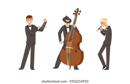 Male Musicians of Symphonic Orchestra Playing Various Musical Instruments Vector Set