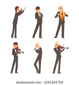 Male Musicians of Symphonic Orchestra Playing Various Musical Instruments Vector Set