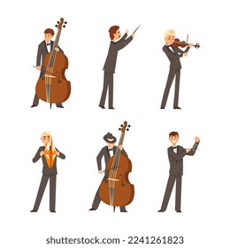 Male Musicians of Symphonic Orchestra Playing Various Musical Instruments Vector Set