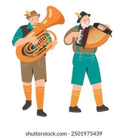 Male musicians with tuba and accordion.Men in traditional Bavarian clothing, shorts, hat and golf socks.Funny characters play musical instruments.Vector flat cartoon illustration on white background.