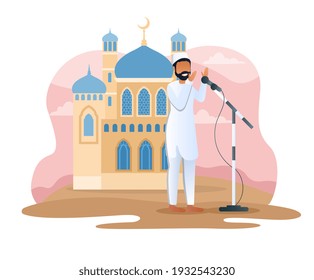 Male muslim character is calling to prayer. Man in muslim clothes is reading prayers togod. Muslim is standing outdoors with microphone with mosque on the background. Flat cartoon vector illustration