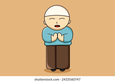 Male Muslim Greeting with Blue Shirt Cartoon Illustration